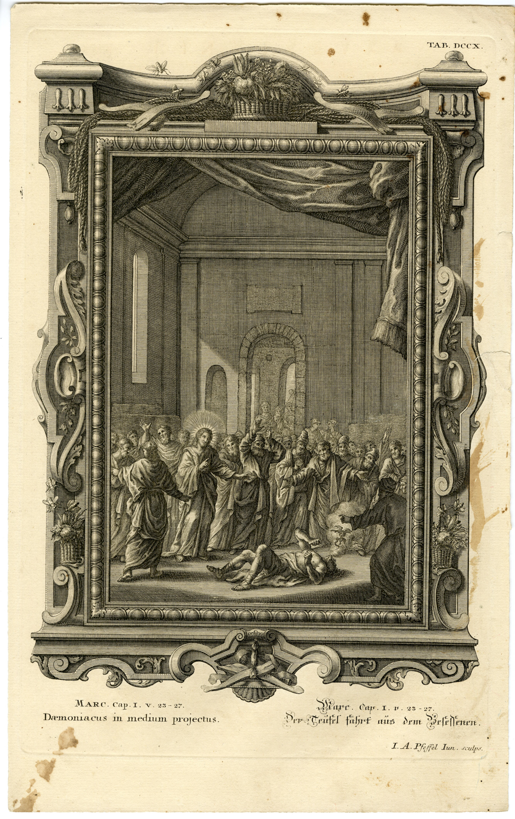 , Antique Print-NEW TESTAMENT-MARK-JESUS-DEMON POSSESSED-Pfeffel-Scheuchzer-1731, Pictura Antique Prints