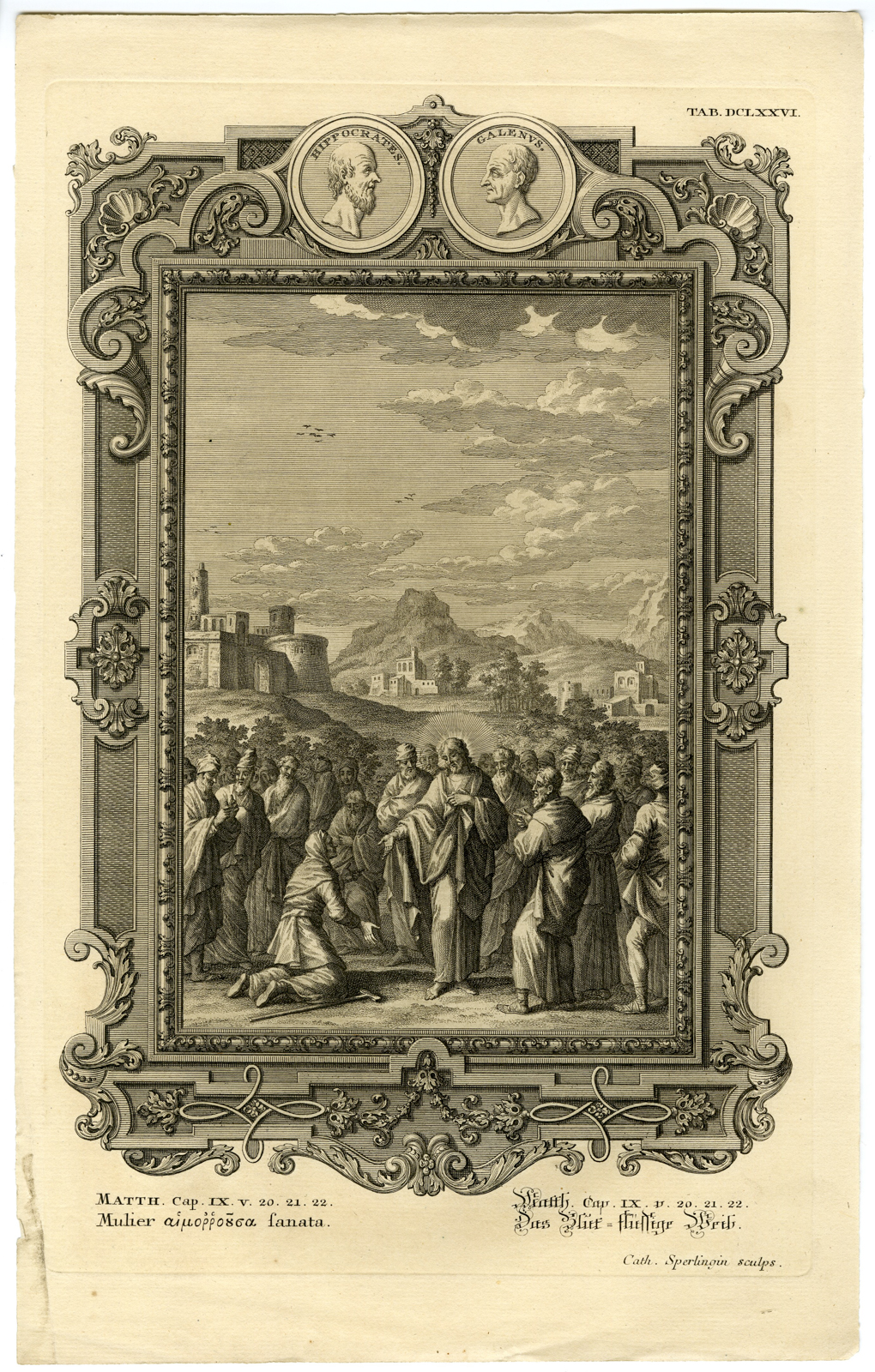 , Antique Print-NEW TESTAMENT-JESUS HEALS A SICK WOMAN-Sperling-Scheuchzer-1731, Pictura Antique Prints