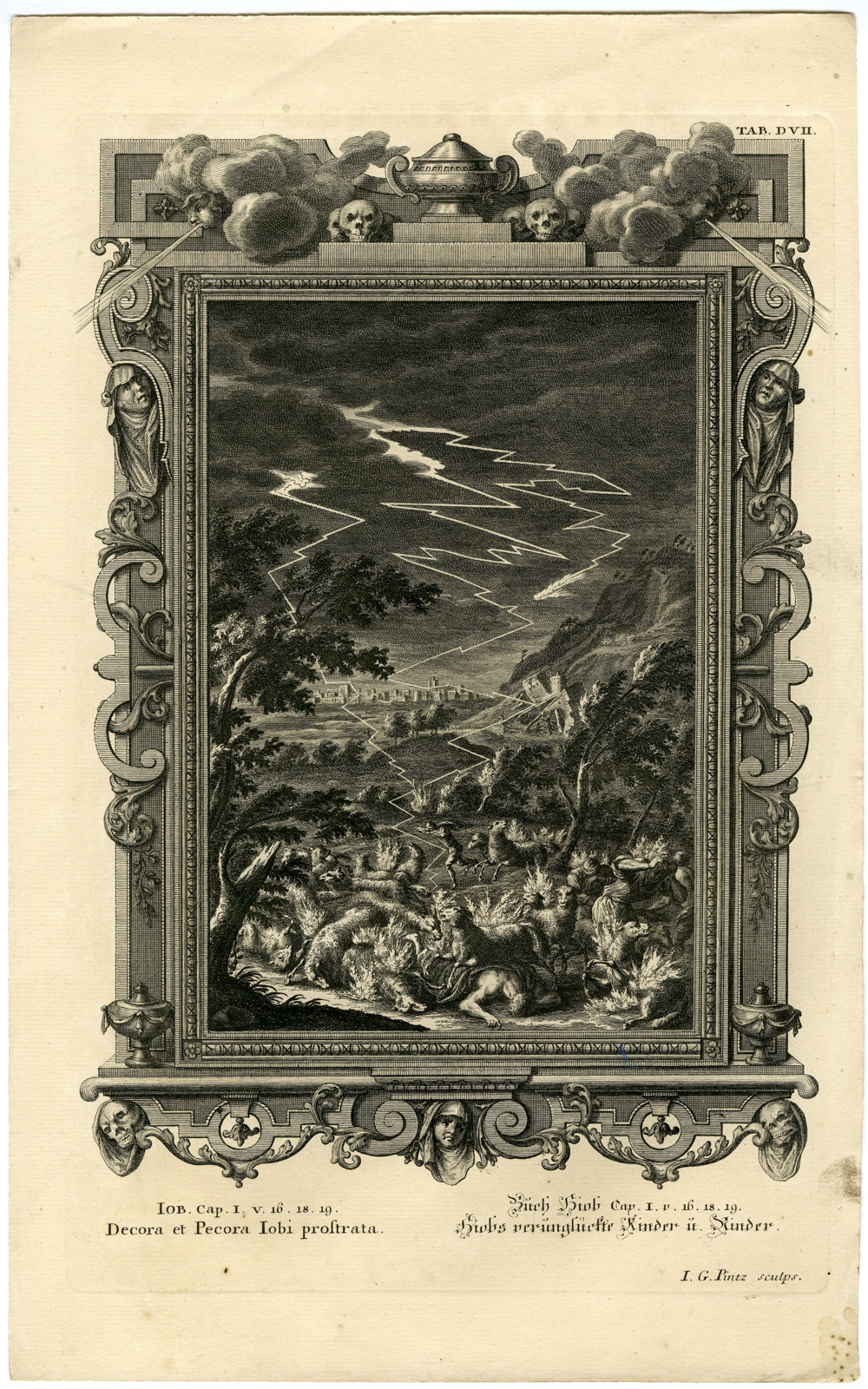 , Antique Print-OLD TESTAMENT-FIRE OF GOD-SHEEP-SERVANTS-Pinz-Scheuchzer-1731, Pictura Antique Prints