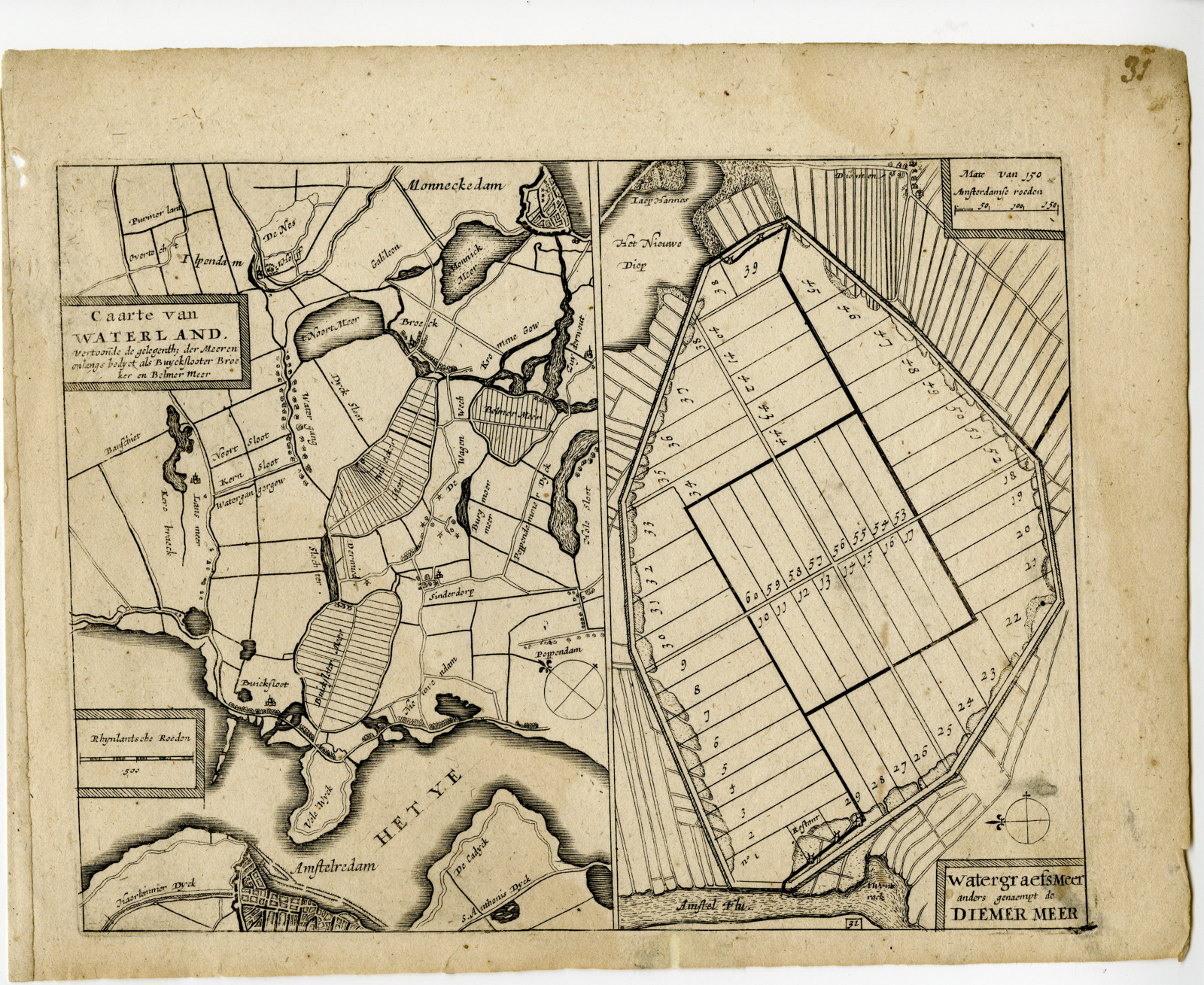 , Rare-Antique Map-WATERLAND-DIEMERMEER-NETHERLANDS-NOORD HOLLAND-Colom-c. 1635, Pictura Antique Prints