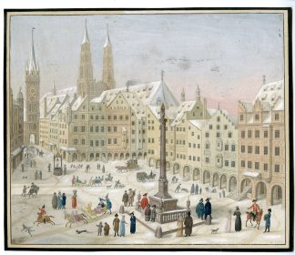 Antique Drawing-MUNICH-WINTER-VIEW-MARIENSAULE-SLEIGHS-Anonymous-c.1790-1810