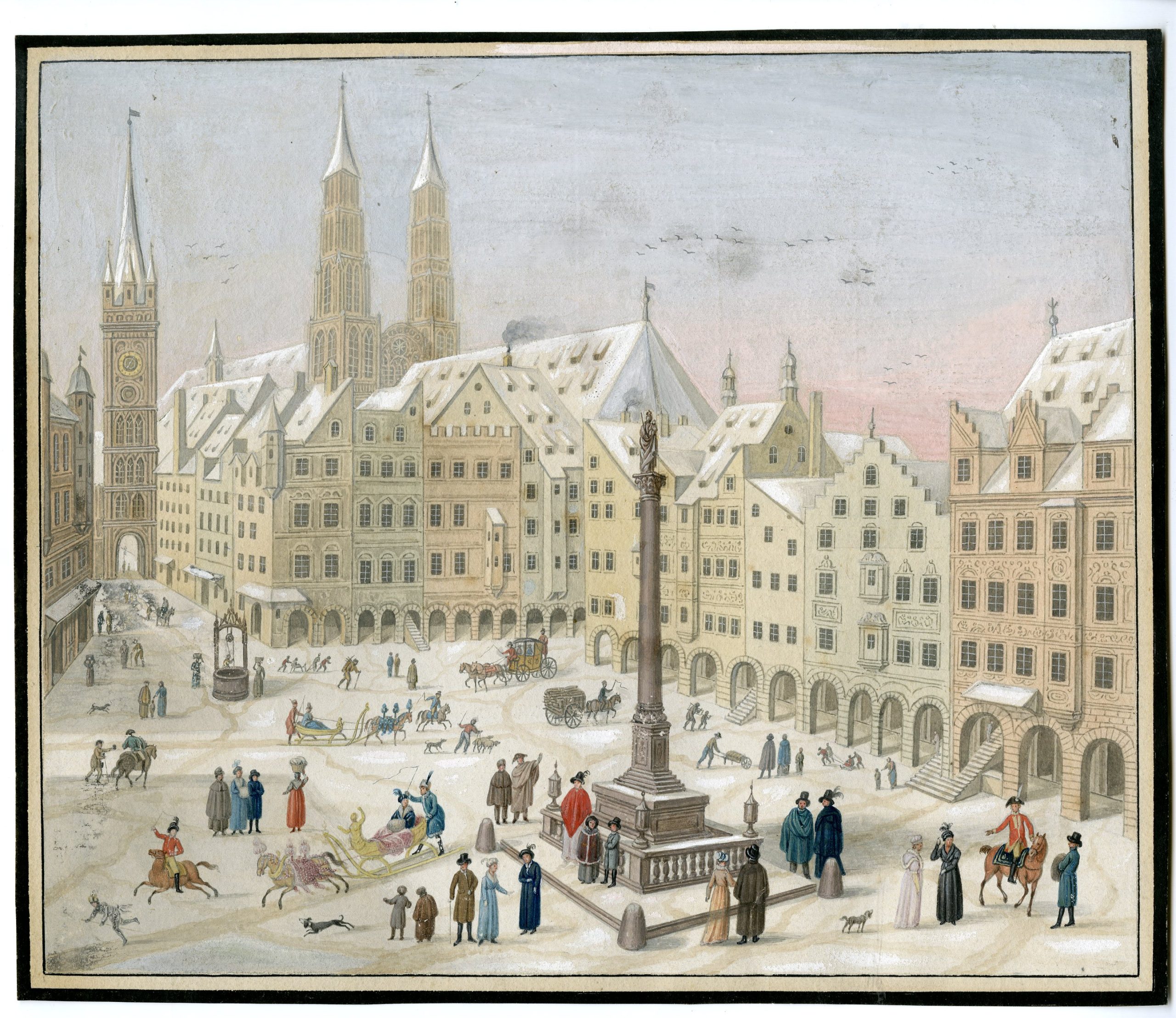 , Antique Drawing-MUNICH-WINTER-VIEW-MARIENSAULE-SLEIGHS-Anonymous-c.1790-1810, Pictura Antique Prints
