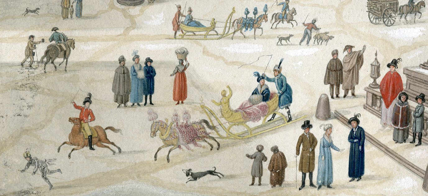 , Antique Drawing-MUNICH-WINTER-VIEW-MARIENSAULE-SLEIGHS-Anonymous-c.1790-1810, Pictura Antique Prints