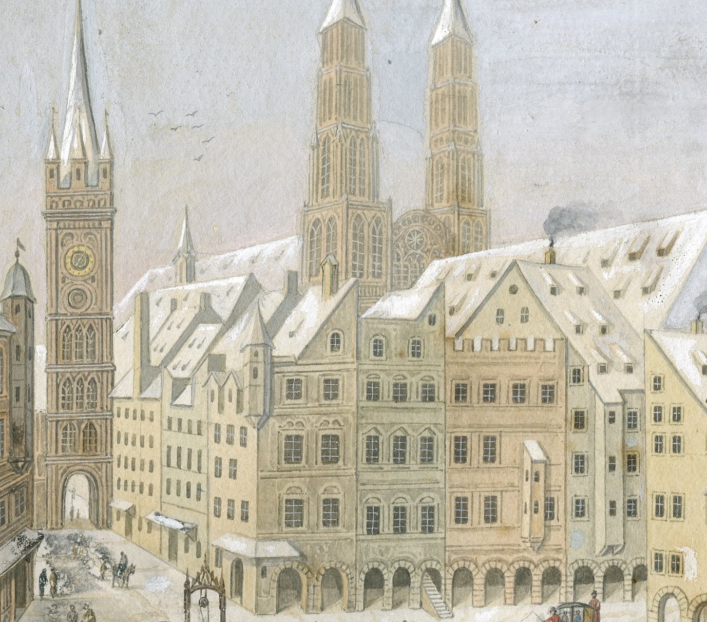 , Antique Drawing-MUNICH-WINTER-VIEW-MARIENSAULE-SLEIGHS-Anonymous-c.1790-1810, Pictura Antique Prints