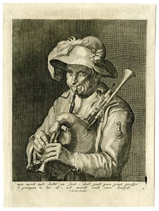 Rare-Antique Master Print-BAGPIPE-PLAYER-Bloemaert-c.1735-1750