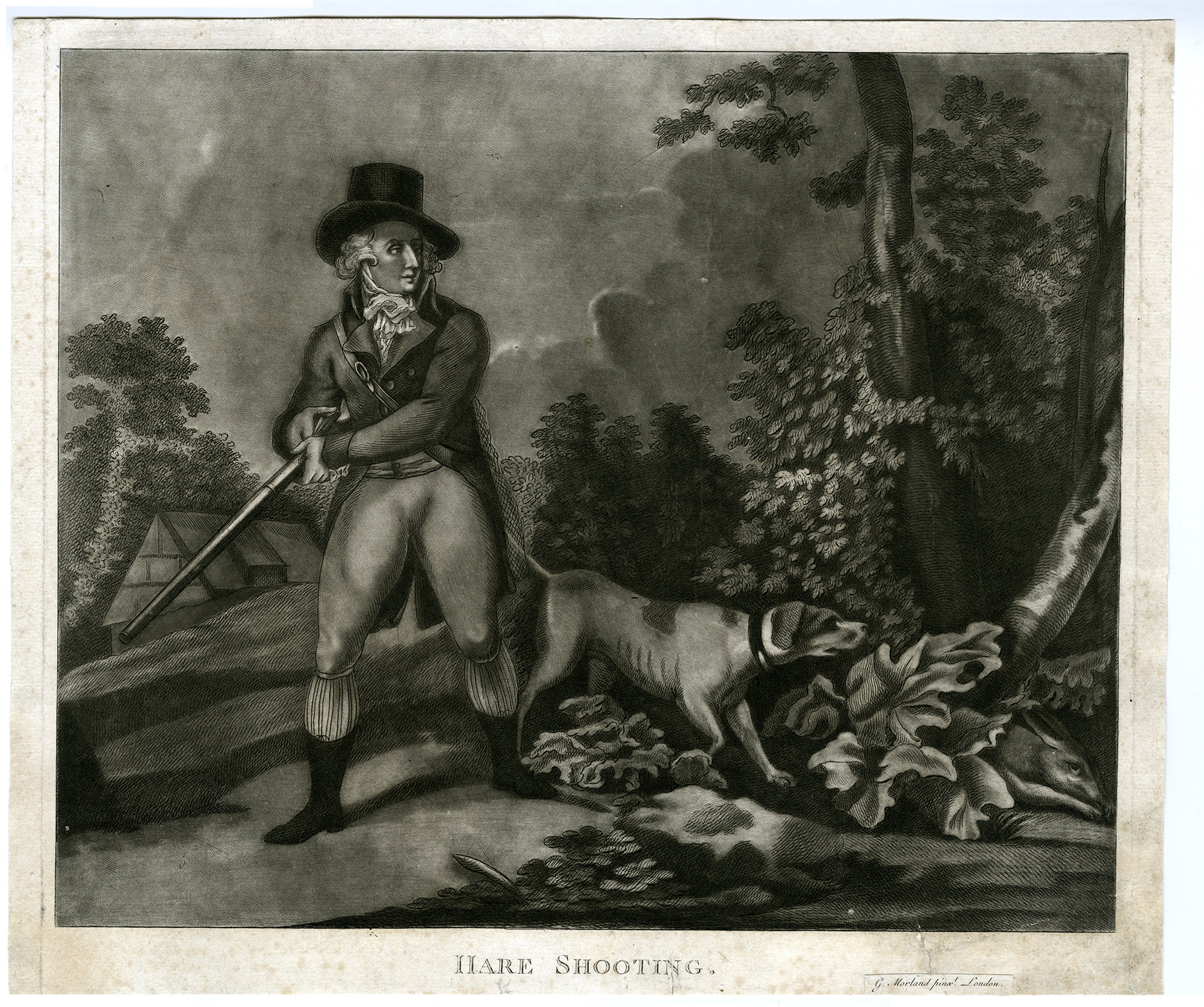 , Antique Master Print-HARE-SHOOTING-MEZZOTINT-Morland-c.1780, Pictura Antique Prints