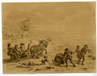 Antique Drawing-WINTER-SCENE-SLEDGE-RIDE-Berchem-18th c.