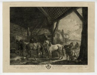 Antique Master Print-HORSE-FLEMISH STABLE-Moyreau-Wouwerman-1755