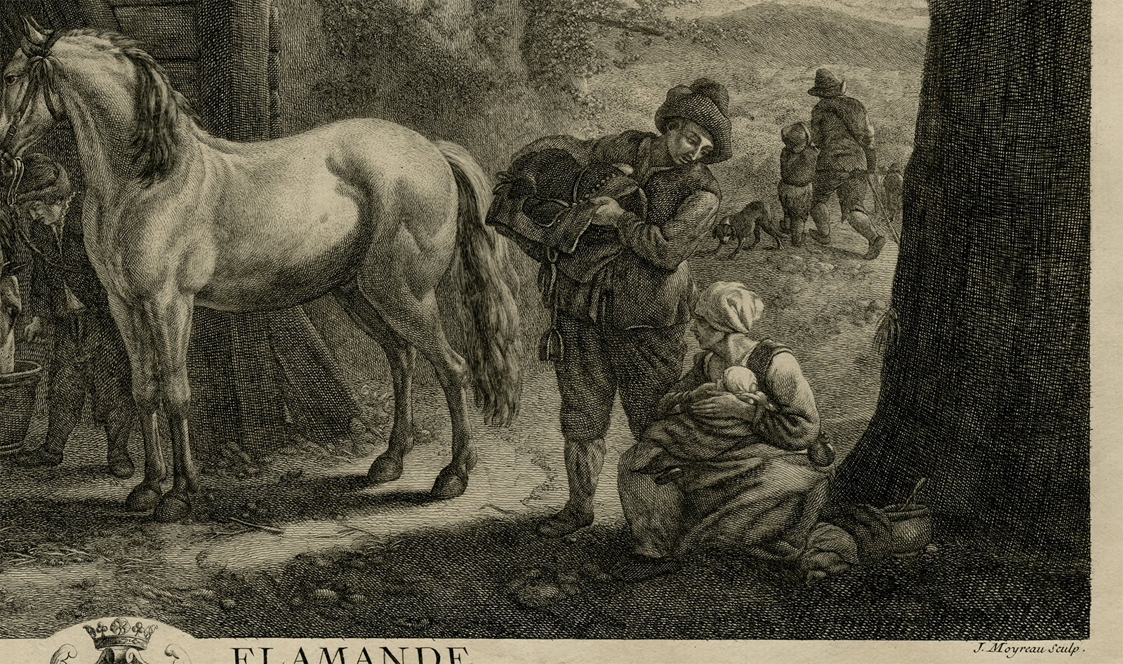 , Antique Master Print-HORSE-FLEMISH STABLE-Moyreau-Wouwerman-1755, Pictura Antique Prints