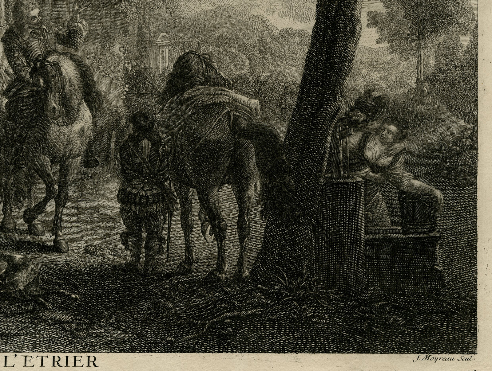 , Antique Master Print-VIN-DE-L-ETRIER-WINE-STIRRUP-HORSES-Moyreau-Wouwerman-1739, Pictura Antique Prints