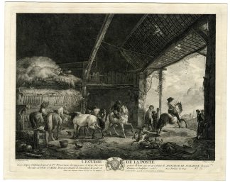 Antique Master Print-L-ECURIE-DE-LA-POSTE-HORSE STABLE-Moyreau-Wouwerman-1753