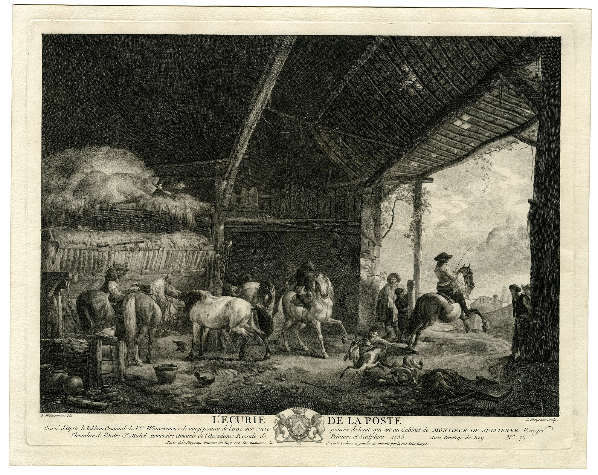 , Antique Master Print-L-ECURIE-DE-LA-POSTE-HORSE STABLE-Moyreau-Wouwerman-1753, Pictura Antique Prints