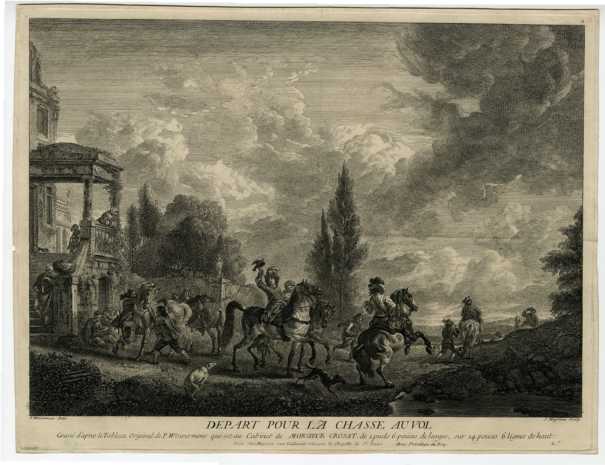 , Antique Master Print-LA-CHASSE-AU-VOL-FALCON HUNT-Moyreau-Wouwerman-1730-1733, Pictura Antique Prints