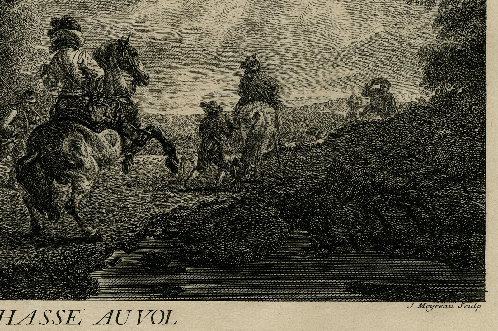 , Antique Master Print-LA-CHASSE-AU-VOL-FALCON HUNT-Moyreau-Wouwerman-1730-1733, Pictura Antique Prints