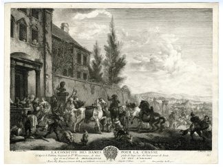 Antique Master Print-DAMES-POUR-LA-CHASSE-LADY HUNTING-Moyreau-Wouwerman-1738