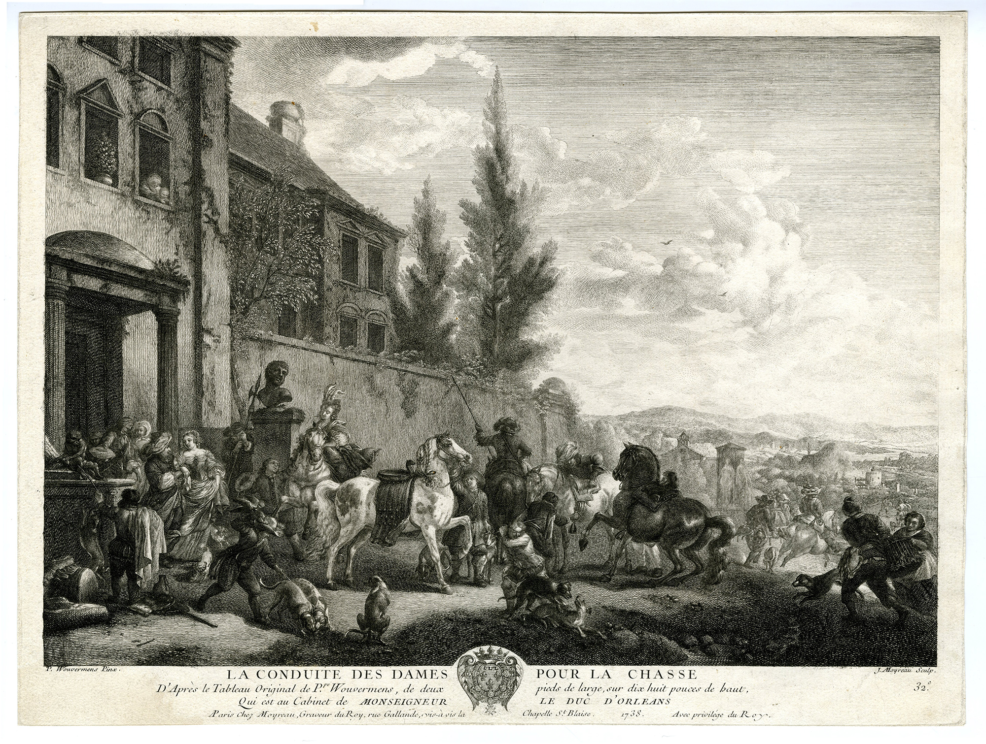, Antique Master Print-DAMES-POUR-LA-CHASSE-LADY HUNTING-Moyreau-Wouwerman-1738, Pictura Antique Prints