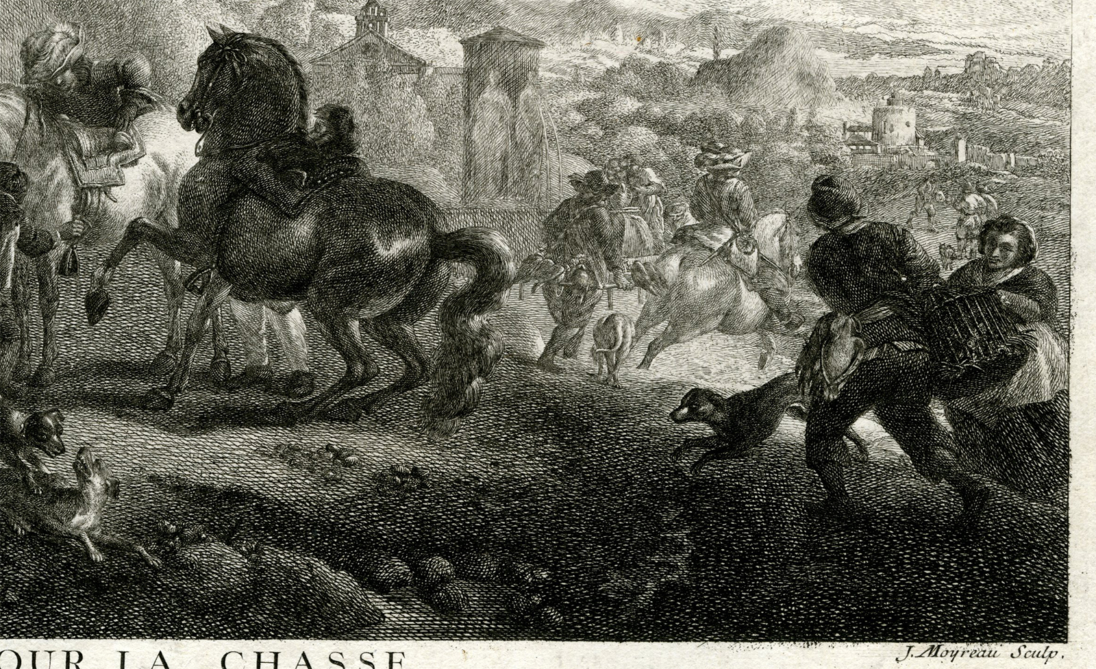 , Antique Master Print-DAMES-POUR-LA-CHASSE-LADY HUNTING-Moyreau-Wouwerman-1738, Pictura Antique Prints