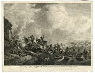 Antique Master Print-PILLAGE-REITRES-1587 MILITARY BATTLE-Moyreau-Wouwerman-1740