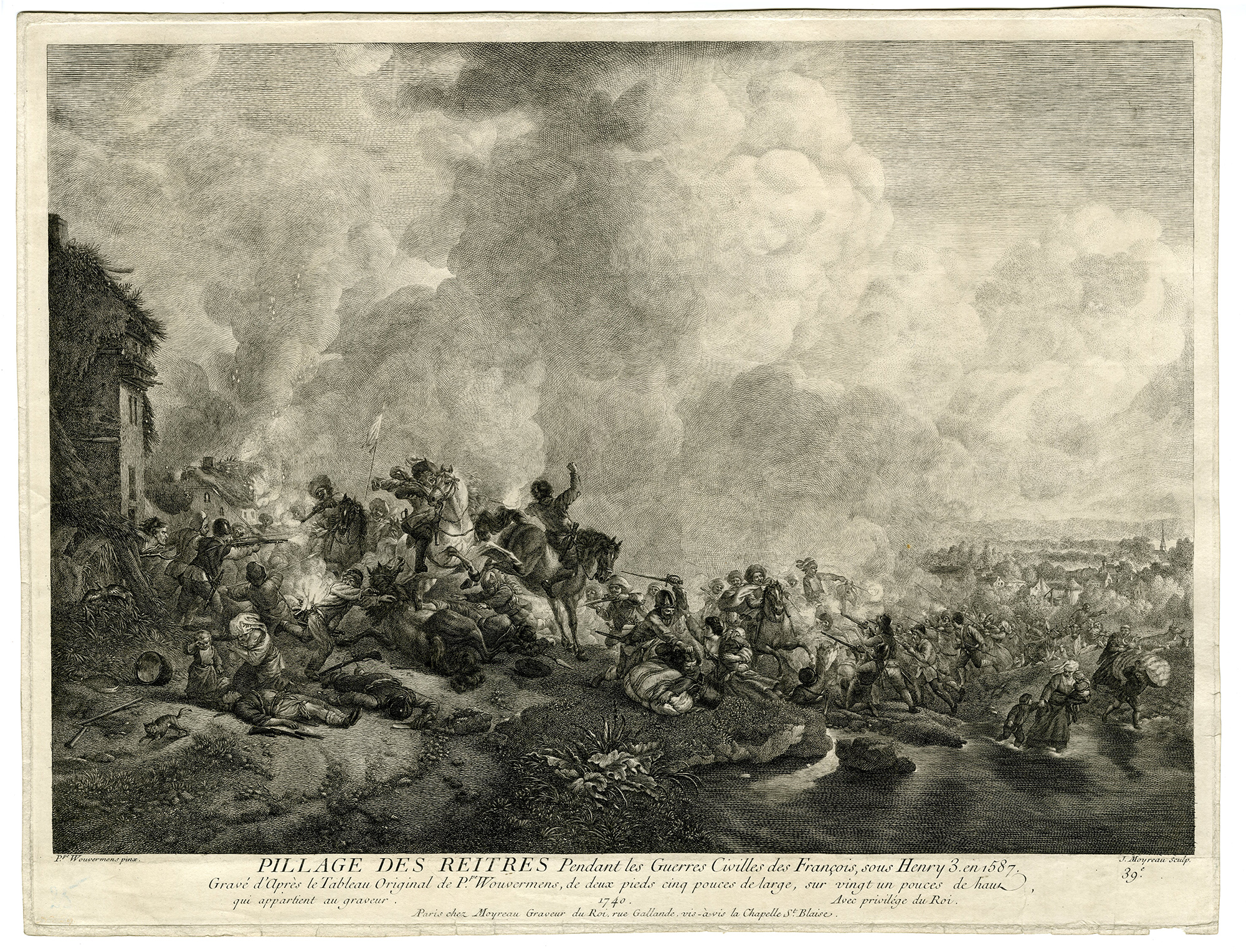 , Antique Master Print-PILLAGE-REITRES-1587 MILITARY BATTLE-Moyreau-Wouwerman-1740, Pictura Antique Prints