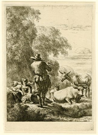Antique Master Print-SHEPHERD-GIRL-FLUTE-GOAT-COW-LANDSCAPE-Berchem-1644