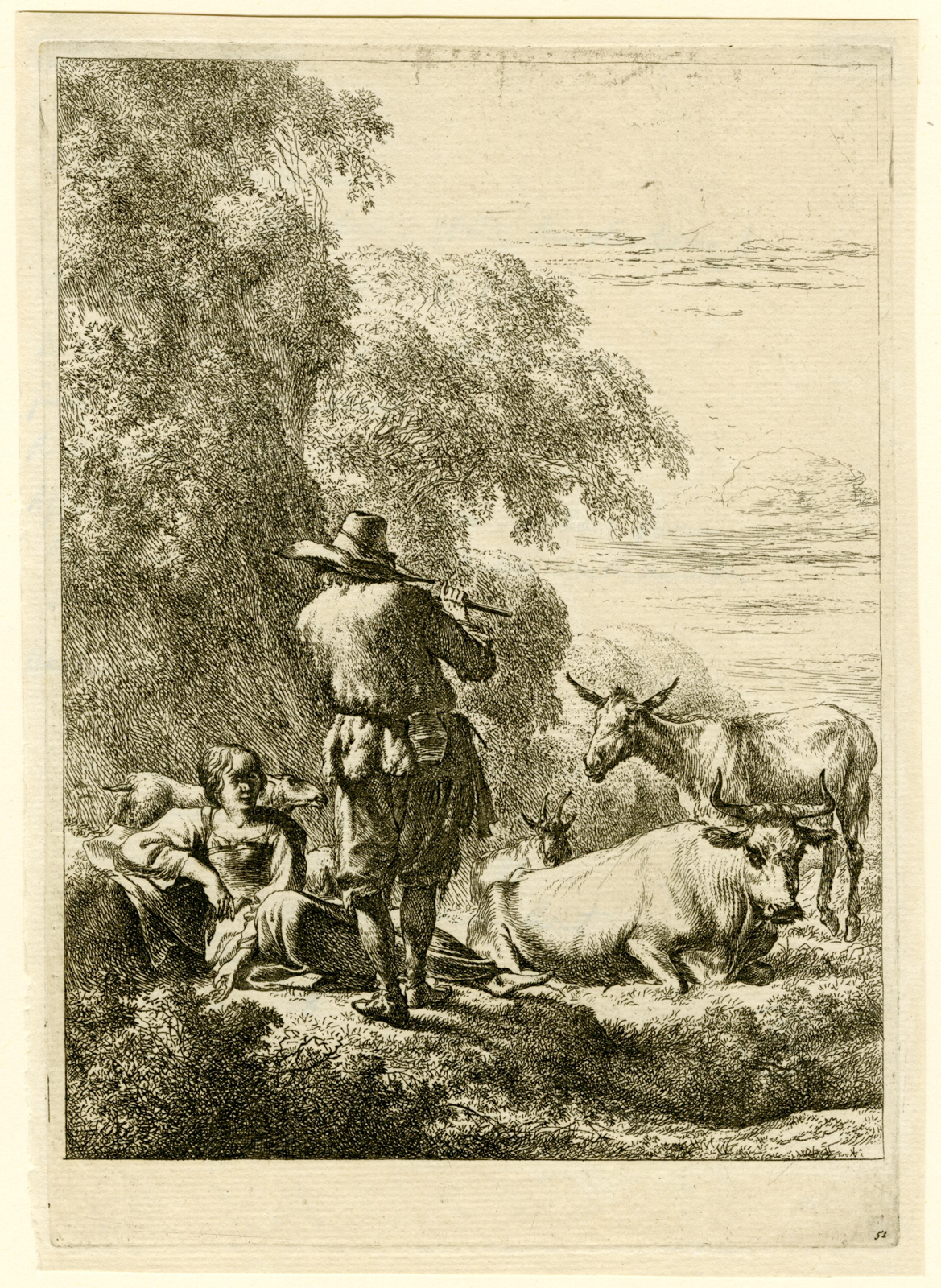 , Antique Master Print-SHEPHERD-GIRL-FLUTE-GOAT-COW-LANDSCAPE-Berchem-1644, Pictura Antique Prints