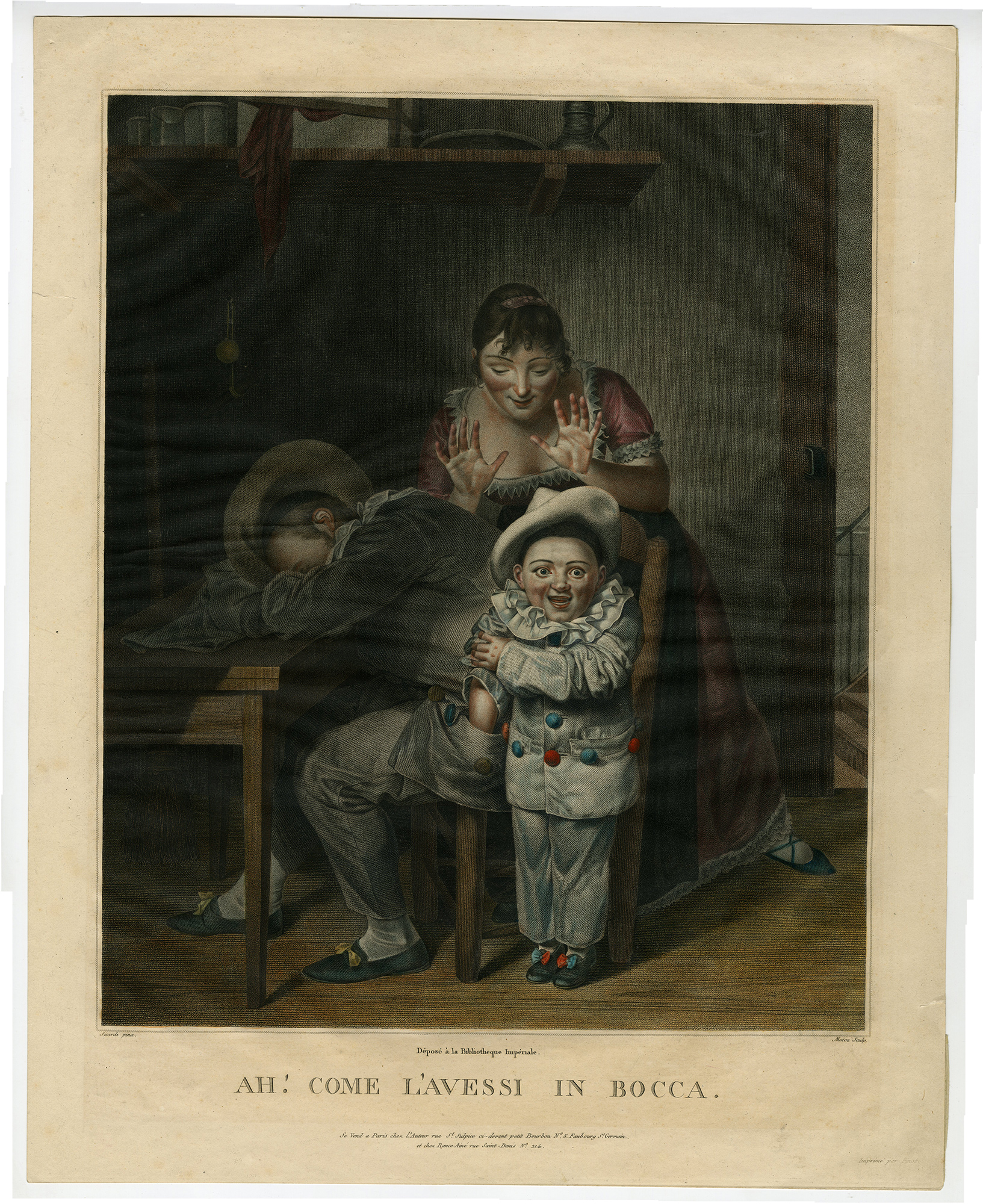 , Antique Master Print-COME-LAVESSI-IN-BOCCA-LITTLE PIERROT-Mecou-Sicardi-c.1820, Pictura Antique Prints