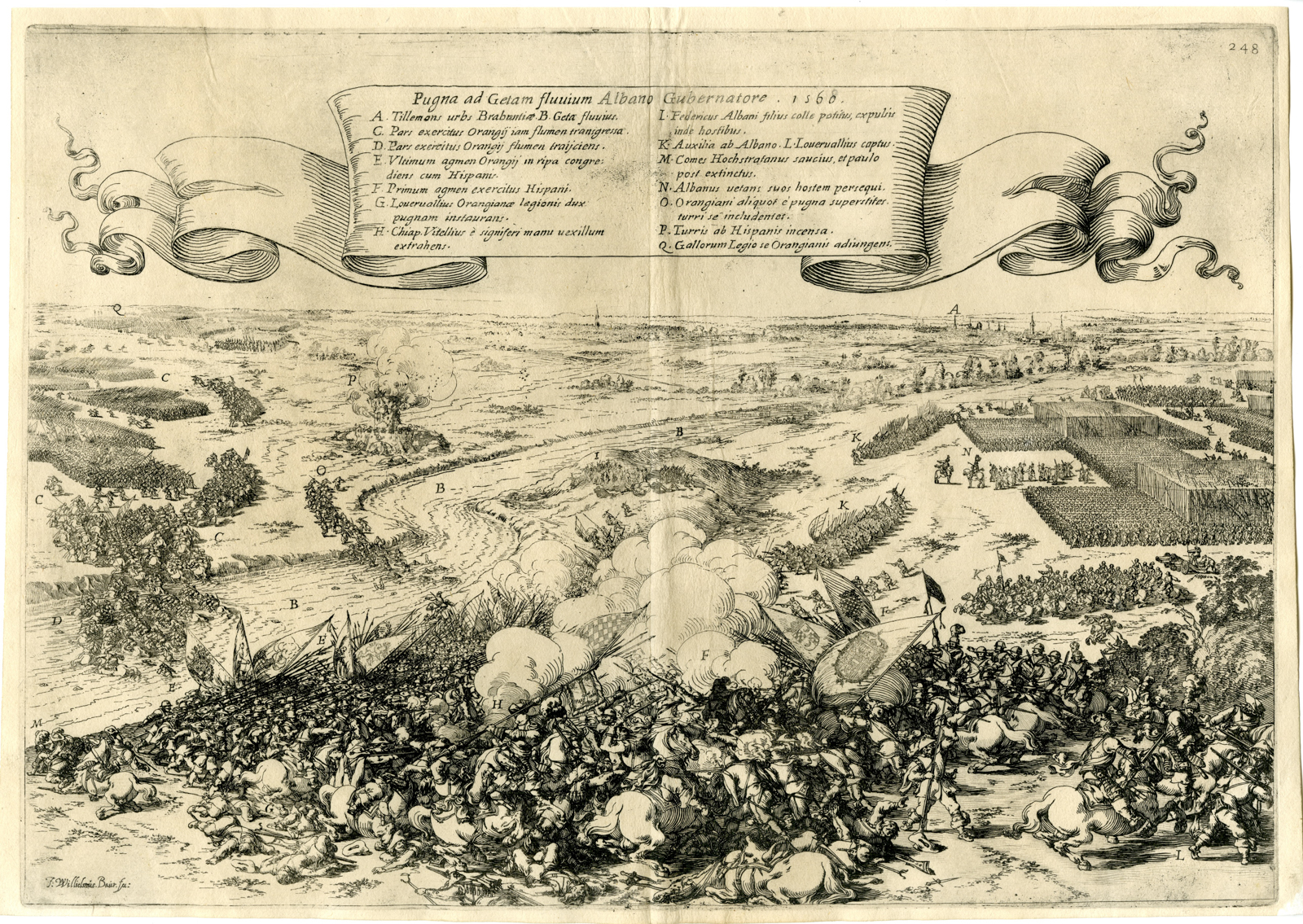 , Antique Print-BATTLE-GETE RIVER-BELGIUM-ALVA-PRINCE OF ORANGE-Baur-Strada-1640, Pictura Antique Prints