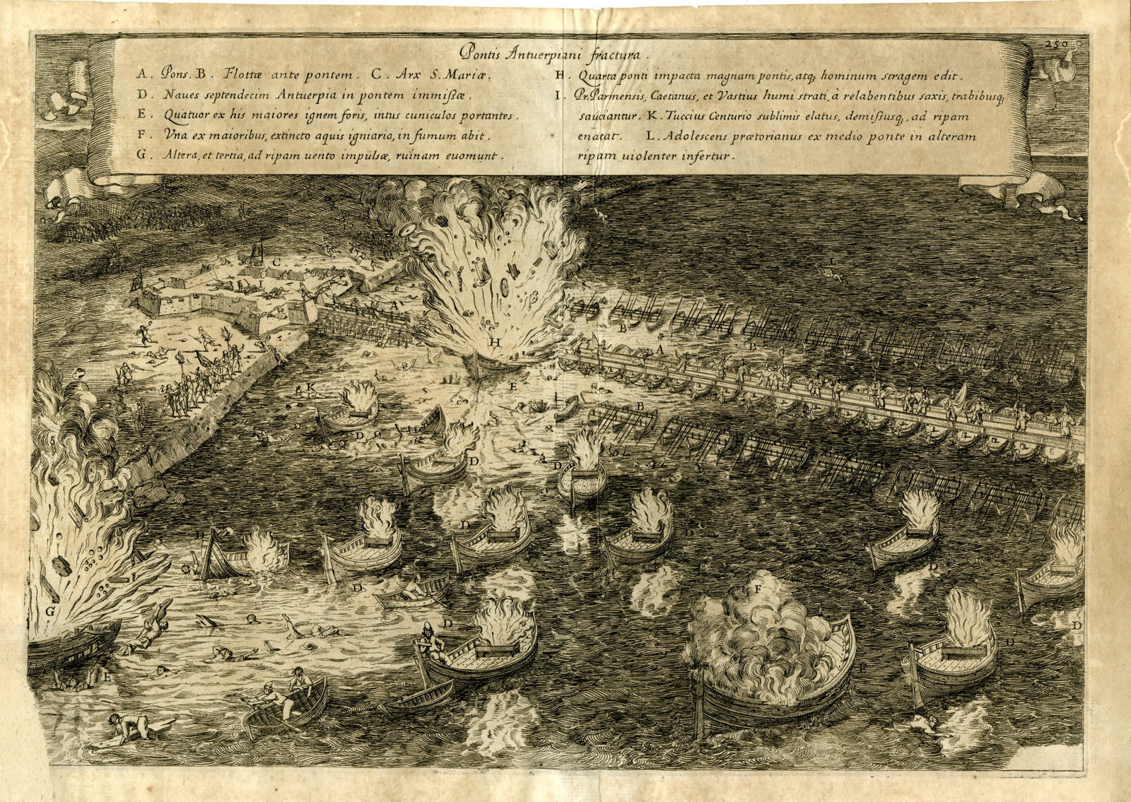 , Antique Print-SHIP BRIDGE-SCHELDE RIVER-DESTRUCTION-BELGIUM-ANTWERP-Strada-1640, Pictura Antique Prints