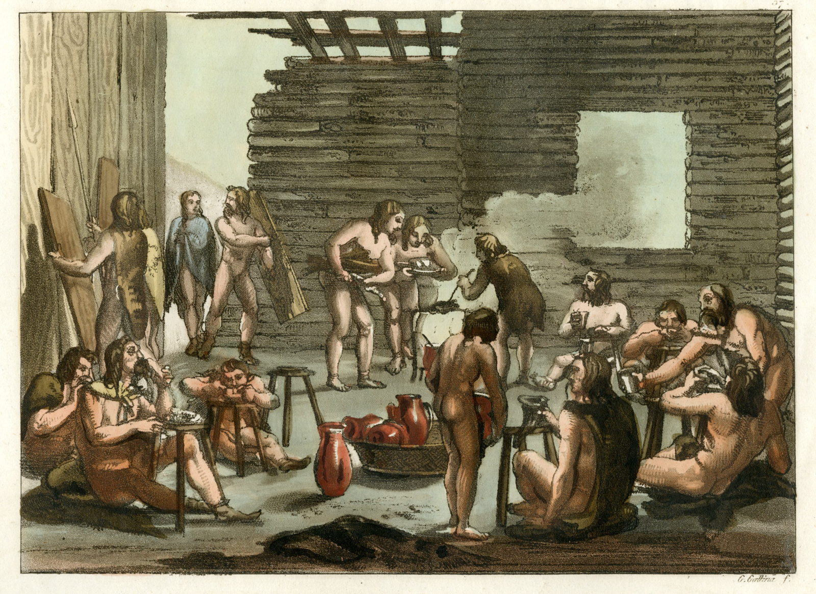 , Antique Print-ANCIENT-GERMANS-FEAST-TRIBAL-LIFE-Gallina-Ferrario-1824, Pictura Antique Prints