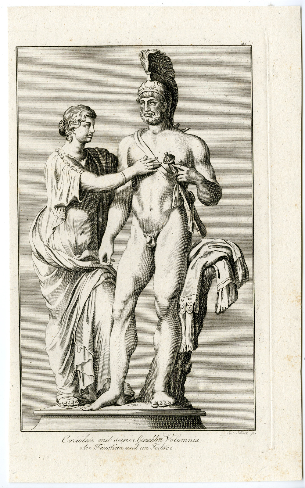 , Antique Master Print-COROLIANUS-VOLUMNIA-STATUE-ROMAN MYTHOLOGY-Stober-1795, Pictura Antique Prints