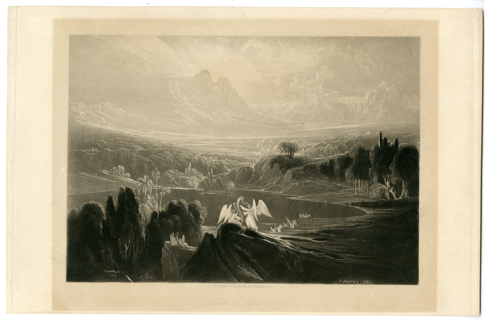 , Antique Master Print-PARADISE-LOST-RIVERS-OF-BLISS-John Martin-1825, Pictura Antique Prints