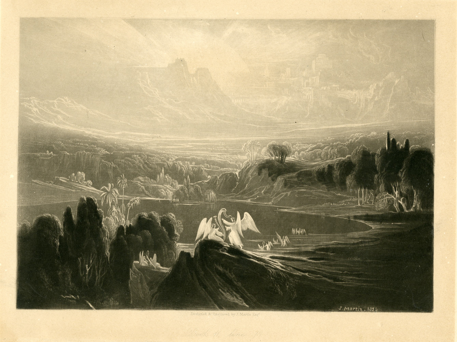, Antique Master Print-PARADISE-LOST-RIVERS-OF-BLISS-John Martin-1825, Pictura Antique Prints