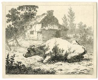 Antique Master Print-COTTAGE-COW-LANDSCAPE-Hills-1802