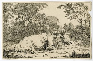 Antique Master Print-OLD COW-BARN-LANDSCAPE-Hills-1801