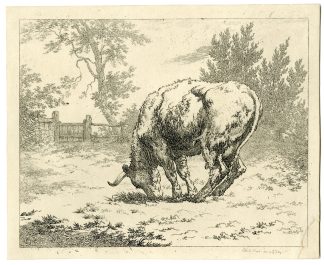 Antique Master Print-GRAZING-COW-Hills-1802