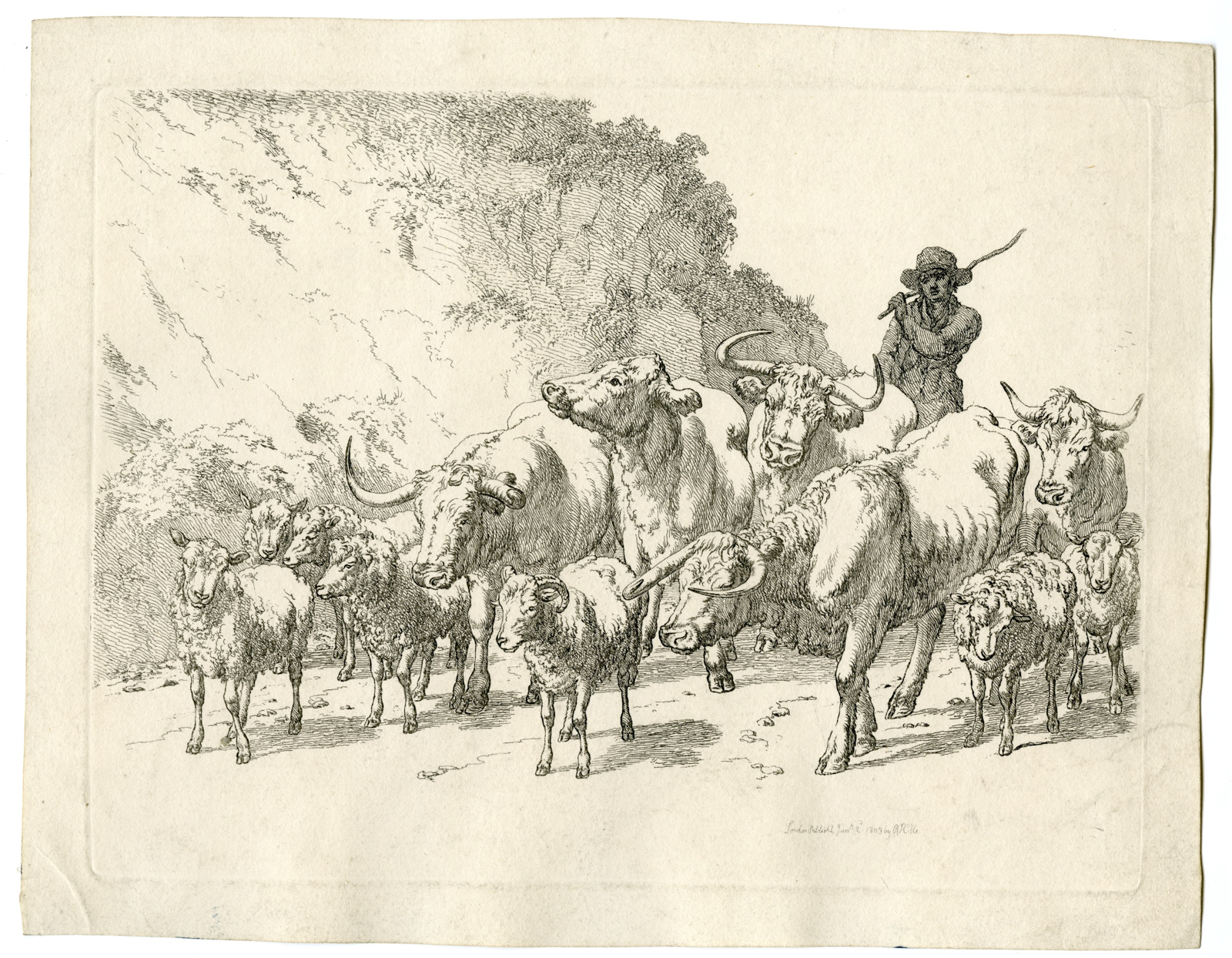 , Antique Master Print-HERDSMAN-SHEEP-CATTLE-Hills-1803, Pictura Antique Prints