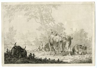 Antique Master Print-BULLS-IN-LANDSCAPE-COTTAGE-VIEW-Hills-c.1805