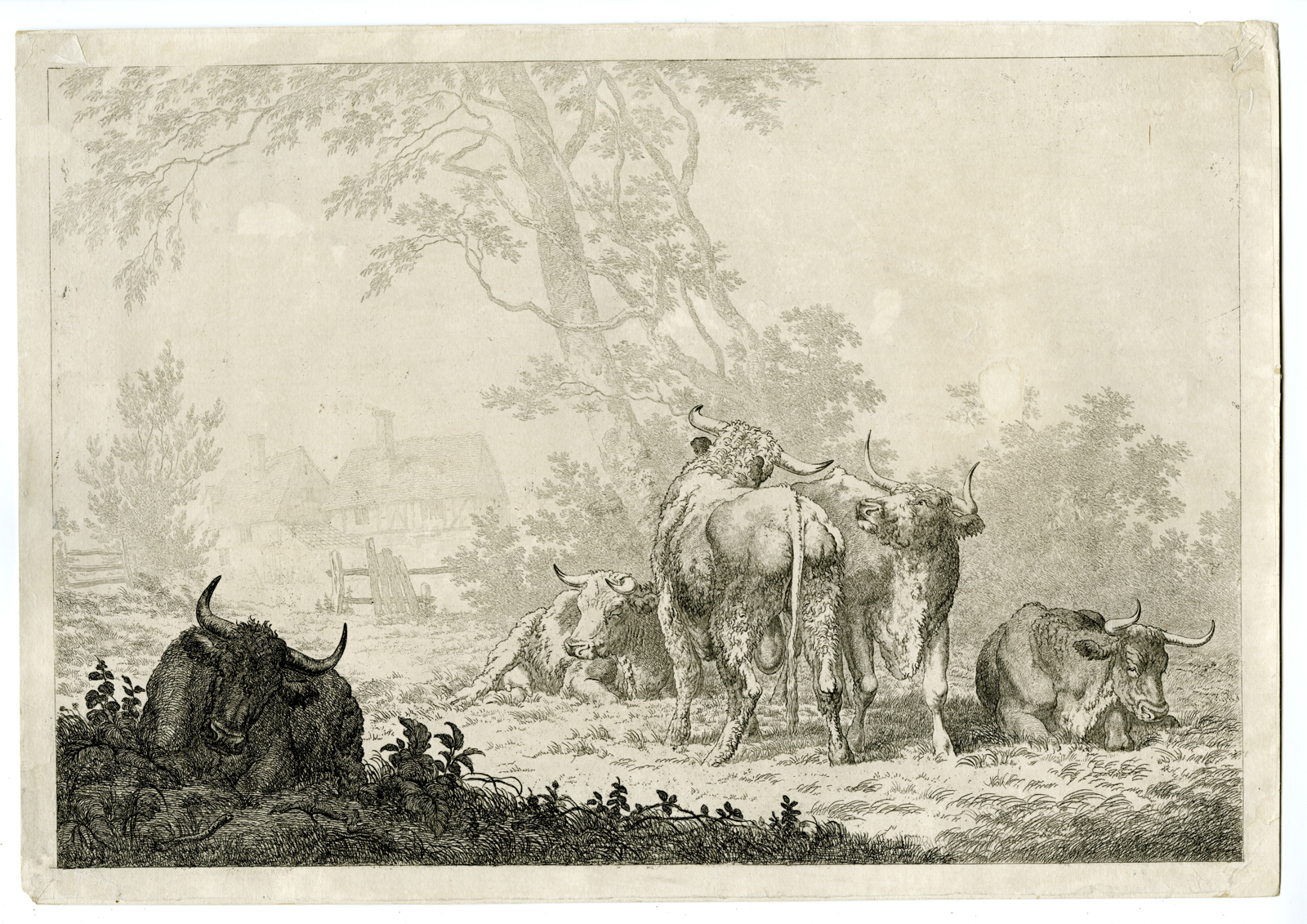 , Antique Master Print-BULLS-IN-LANDSCAPE-COTTAGE-VIEW-Hills-c.1805, Pictura Antique Prints