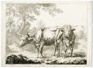 Antique Master Print-COW AND BULL-UNDER-TREES-Hills-1801