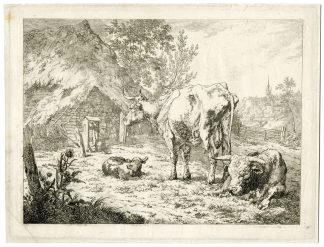 Antique Master Print-CATTLE-AT-HUT-RURAL-LANDSCAPE-Hills-1801