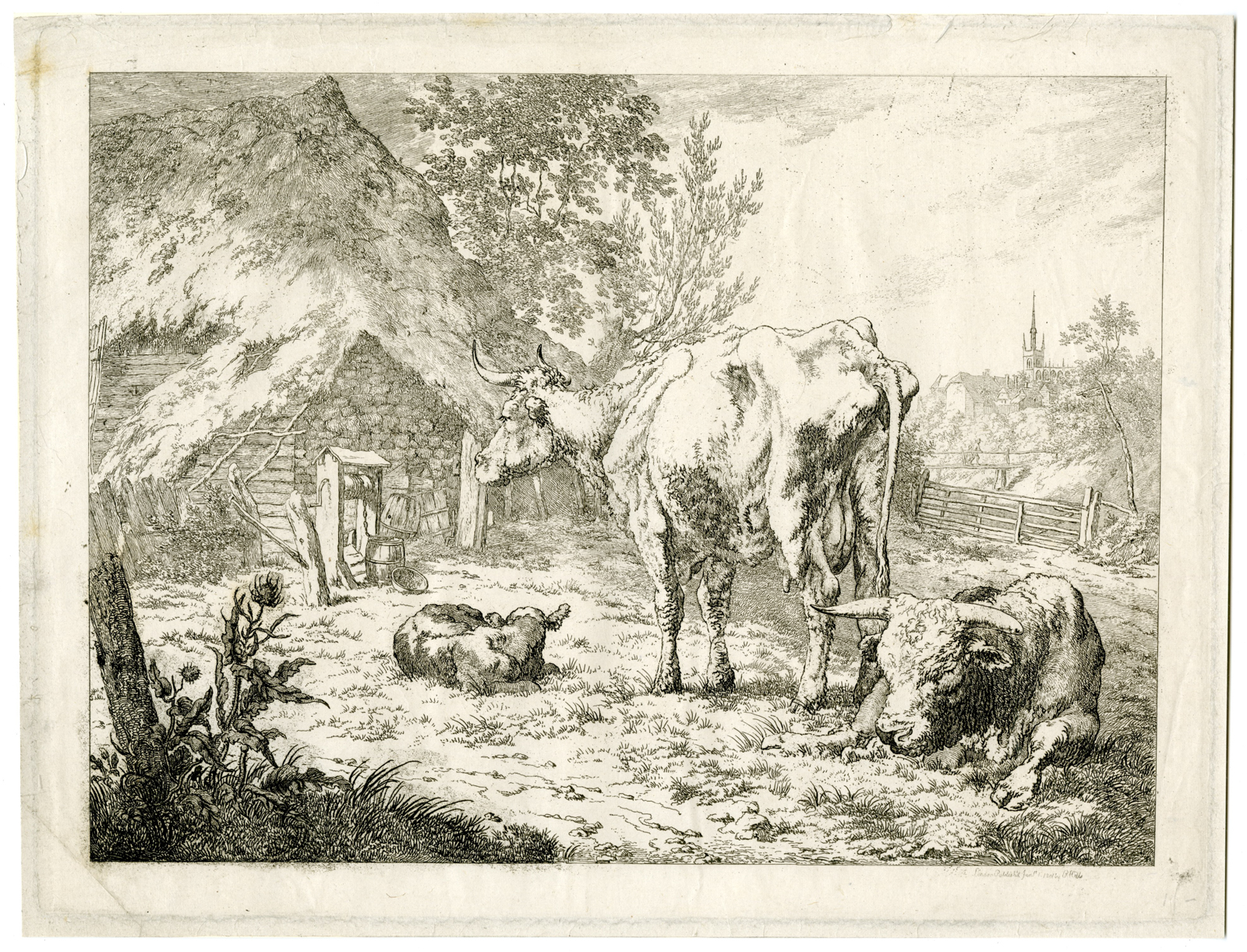 , Antique Master Print-CATTLE-AT-HUT-RURAL-LANDSCAPE-Hills-1801, Pictura Antique Prints