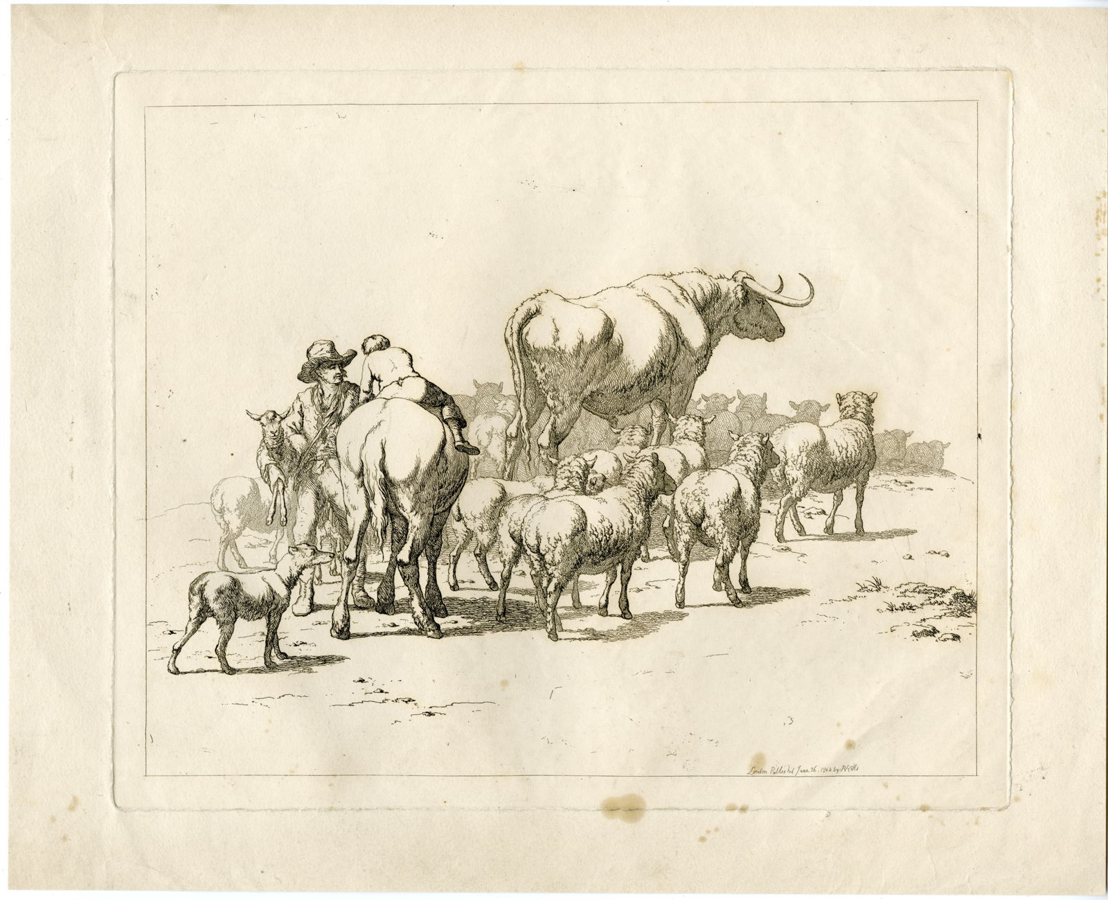 , Antique Master Print-HERDERS-CATTLE-SHEEP-PASTORAL-SCENE-Hills-1804, Pictura Antique Prints