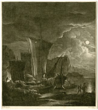 Antique Master Print-MOONLIGHT-COASTAL-SCENE-Geyser-Pynacker-1762-1803