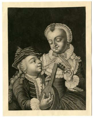 Antique Master Print-HEARING-SENSES-ALLEGORY-LUTE-COUPLE-Haid-c.1760
