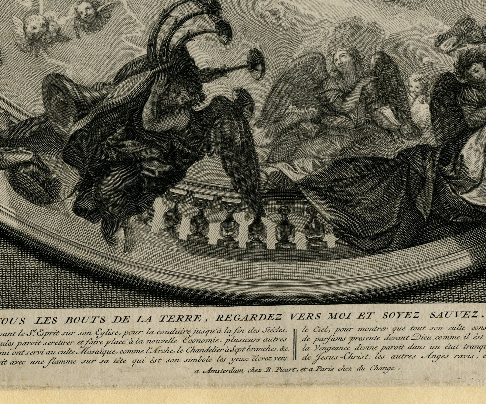 , Antique Master Print-CEILING PAINTING-SCEAUX-NEW TESTAMENT-Picart-Le Brun-1724, Pictura Antique Prints