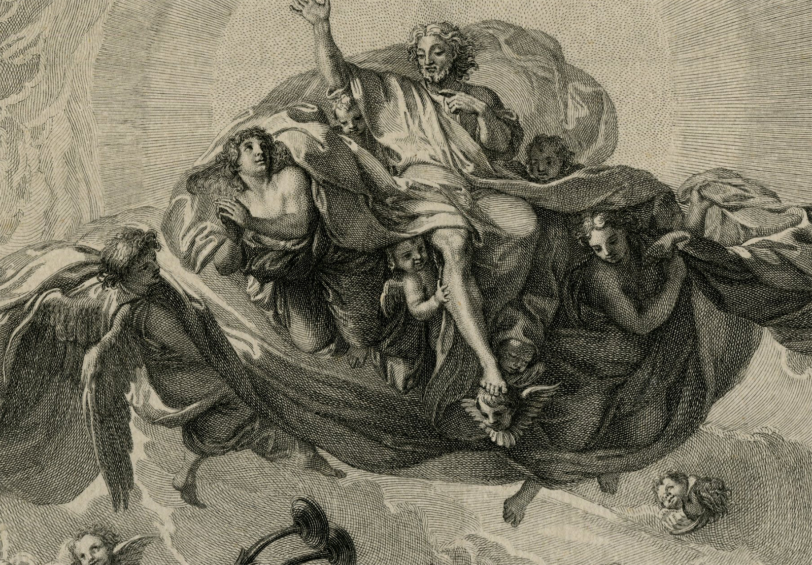 , Antique Master Print-CEILING PAINTING-SCEAUX-NEW TESTAMENT-Picart-Le Brun-1724, Pictura Antique Prints