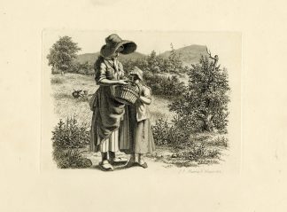 Antique Master Print-YOUNG-WOMAN-GIRL-BASKET-LANDSCAPE-Marcus-1814