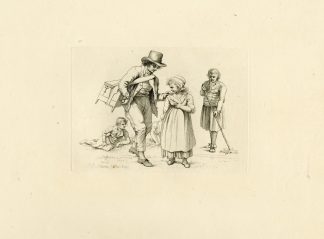 Antique Master Print-MAN-GIRL-BIRD-STREET-SCENE-Marcus-1809
