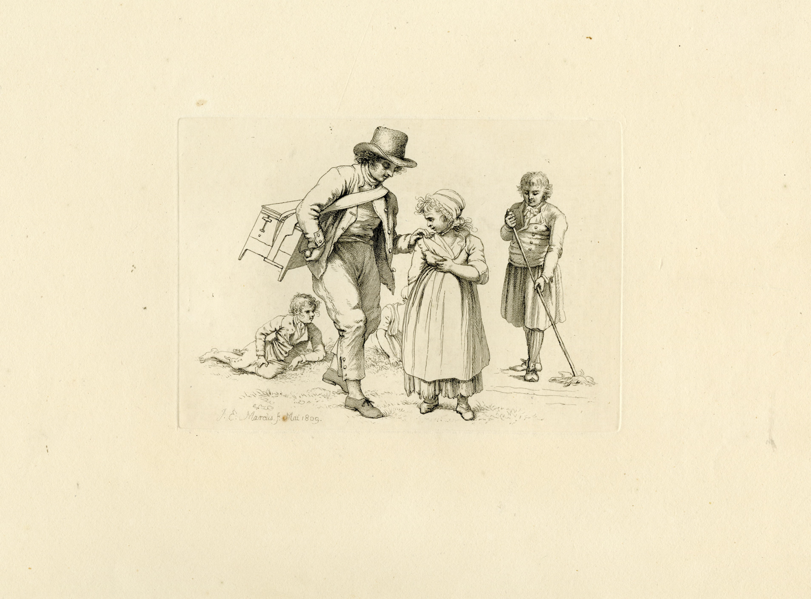 , Antique Master Print-MAN-GIRL-BIRD-STREET-SCENE-Marcus-1809, Pictura Antique Prints