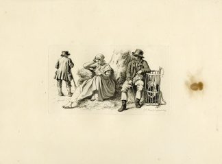 Antique Master Print-WOMAN-SEWING-MAN-CAGE-TREE-REST-Marcus-1809
